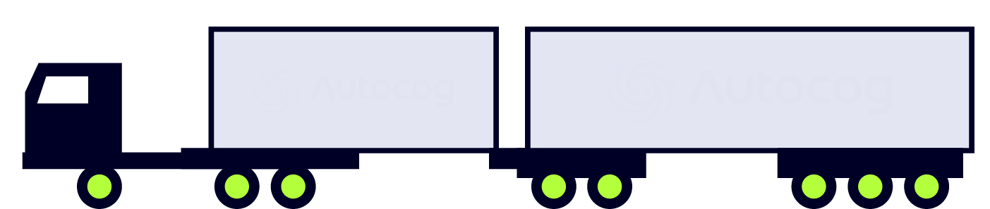 Silhueta da classe DNIT 3P5, caminhão trator trucado + dois semirreboques (AET), 8 eixos, vista lateral